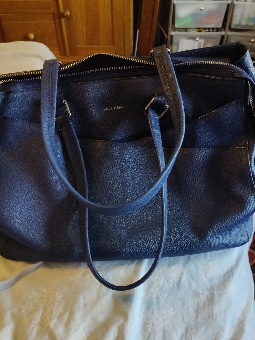 Cole Haan Navy Saffiano Leather Tote with Front Pocket